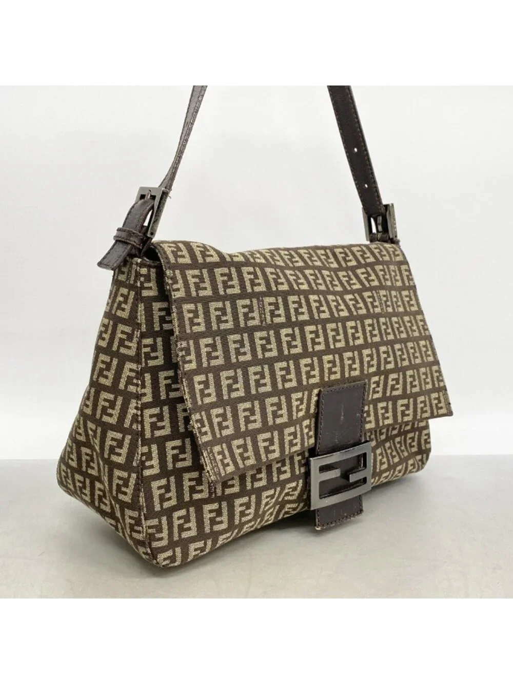 Fendi Handbag Zucchino Mamma Bucket Nylon Canvas Brown Silver